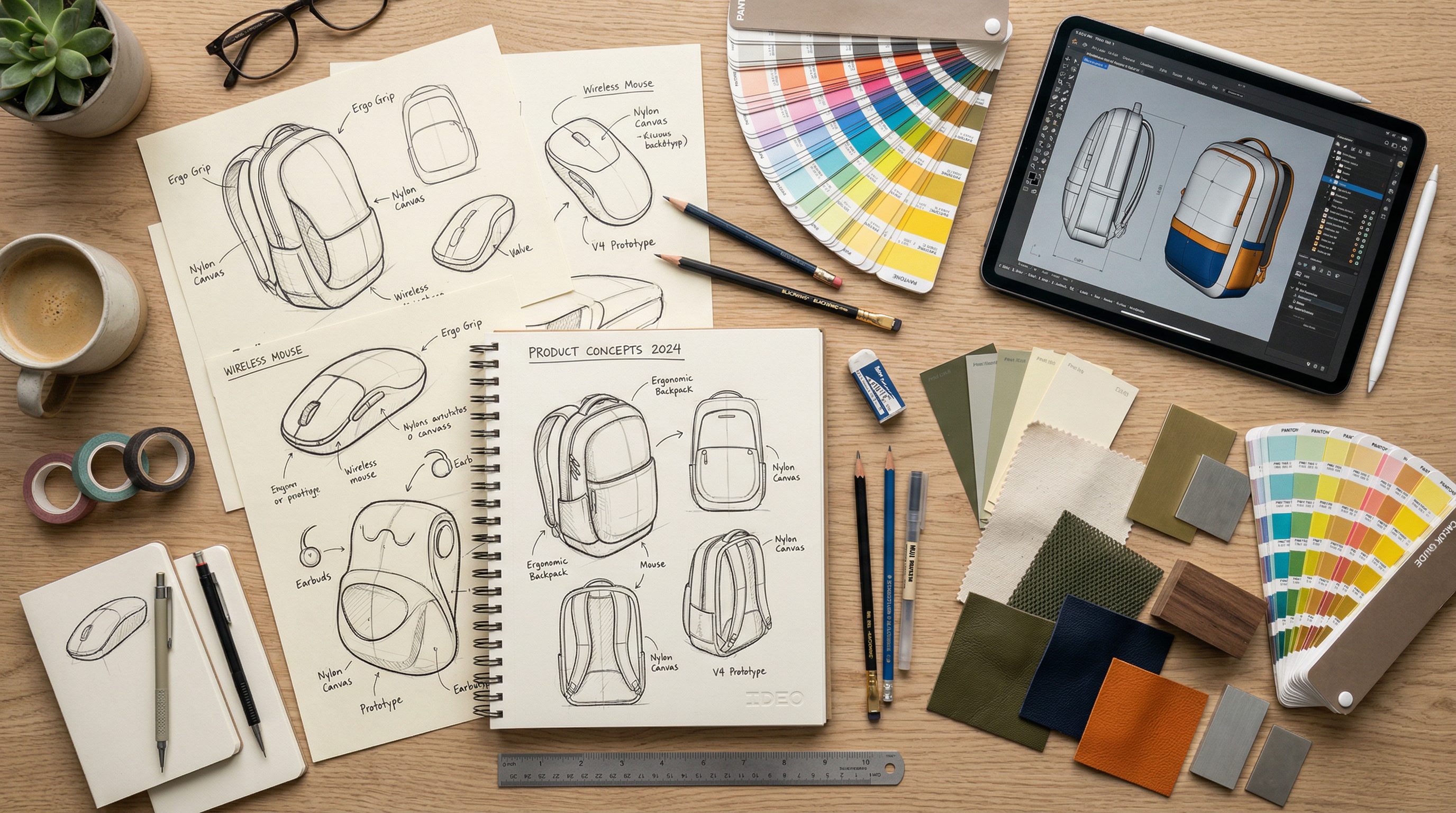Product design sketches and material samples on workspace