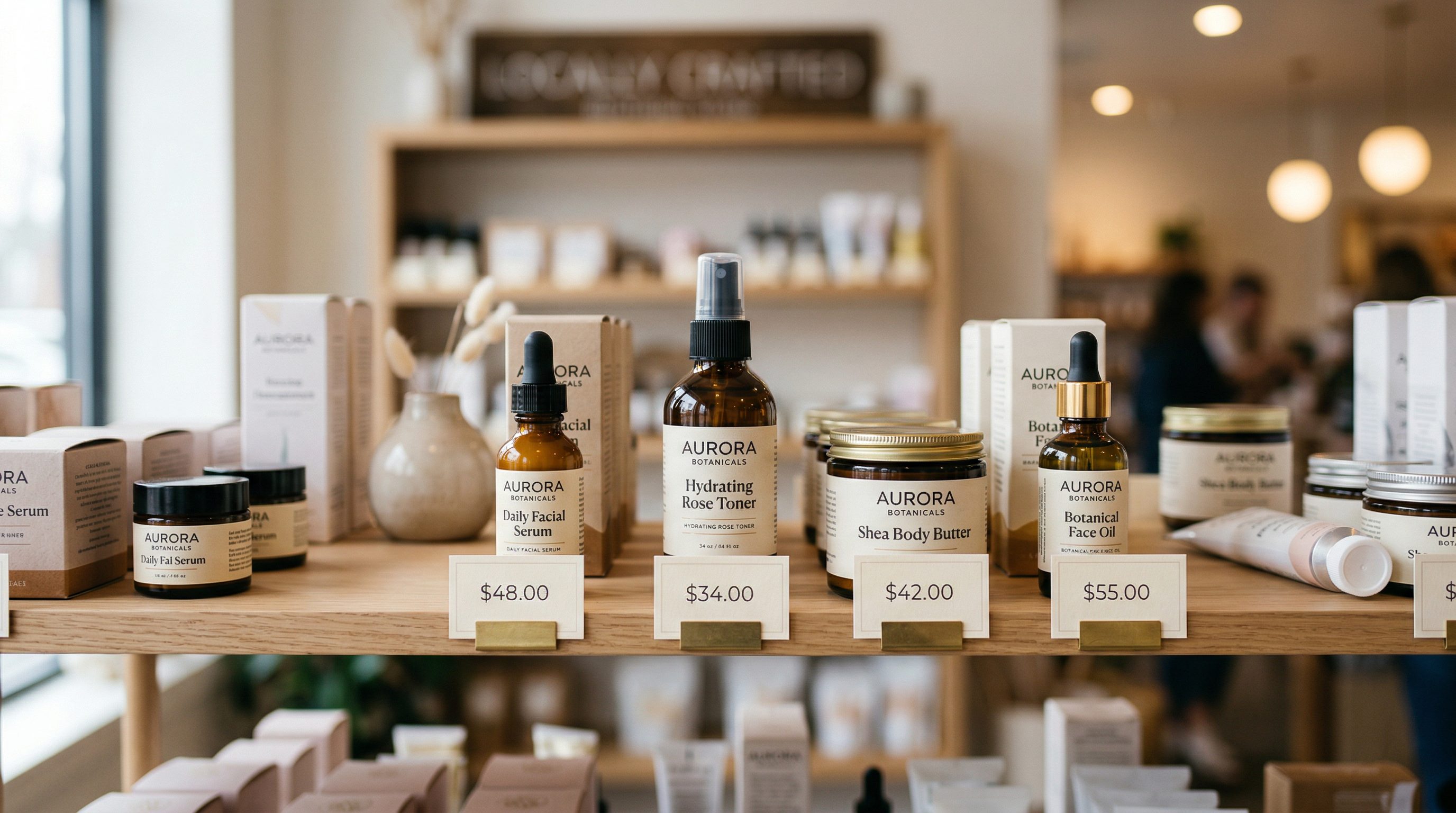 Close-up of beautifully arranged products on retail shelf