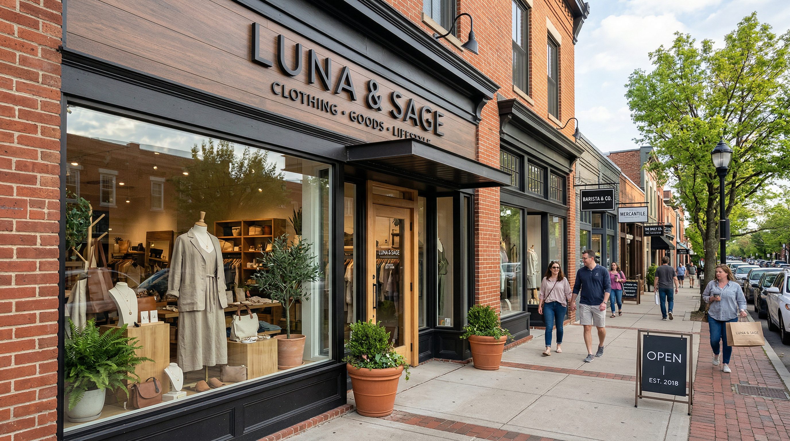 Independent retail boutique storefront in American shopping district